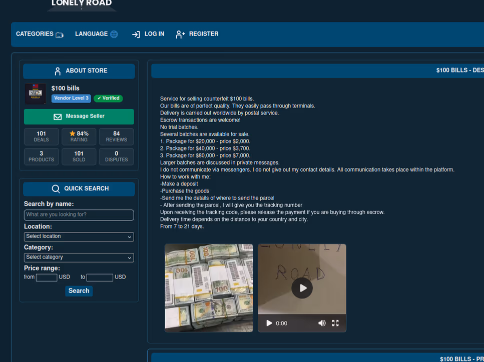 Screen interface of a counterfeit money website
