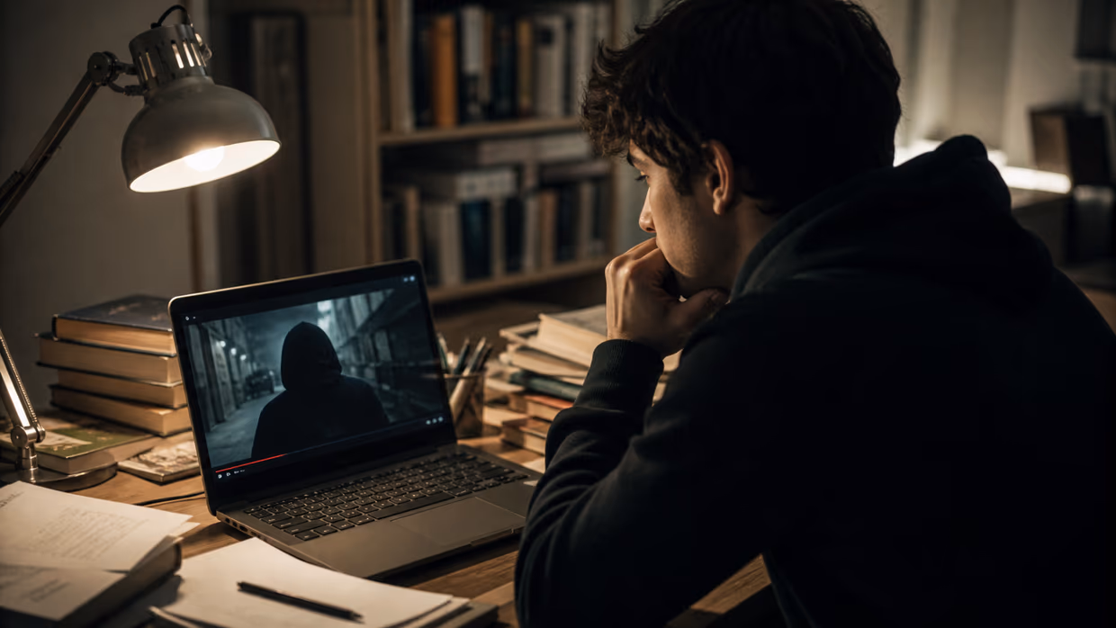 person studying dark web YouTube content at a desk